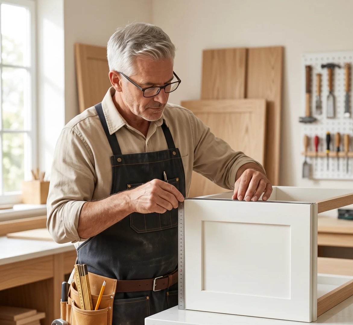 Skilled cabinet craftsman measuring a shaker cabinet door