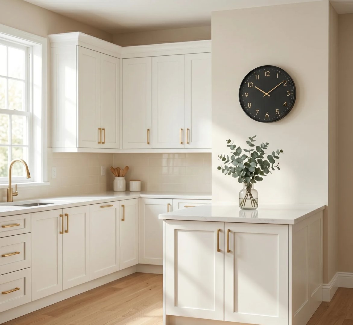 Freshly installed white shaker kitchen, ready to use
