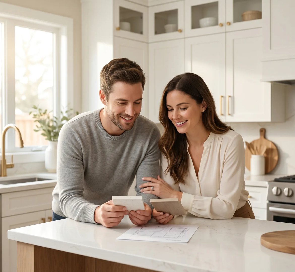 Homeowners reviewing countertop samples at a finished kitchen island