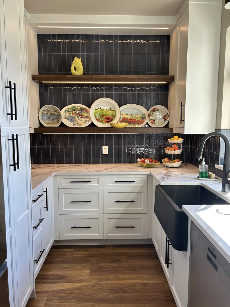 Dark kitchen with open shelving